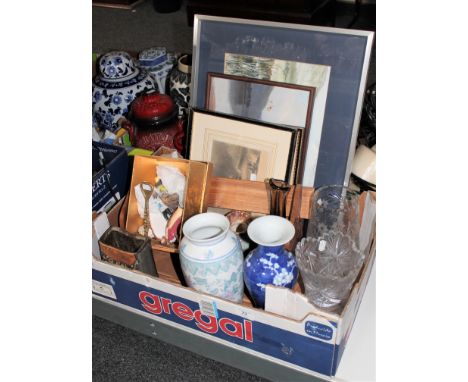 A box of Oriental vases, cut glass vases, pictures, book trough etc