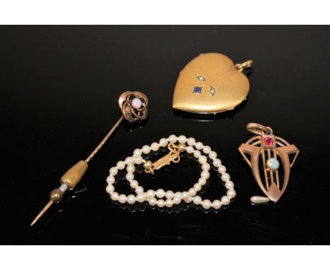 A yellow metal opal and pearl pendant, an opal pin, a pearl set locket and a pearl bracelet with gold clasp