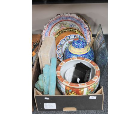 A box of Oriental style planter, lidded ginger jar, wall plates, Lion mask wall plaque etc 