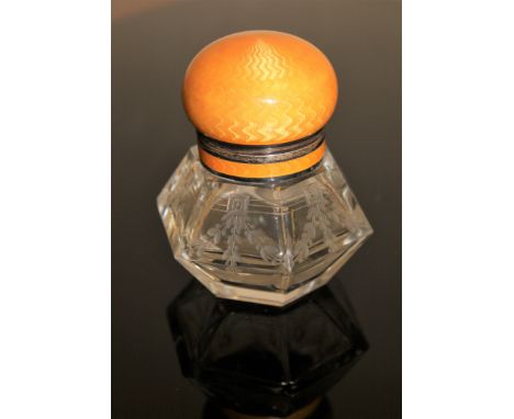 A fine quality silver and amber enamel ink bottle with finely engraved glass base