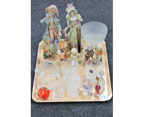 A tray of various glass ware including paperweights, Goebel and other continental figures, Stuart crystal tumblers etc