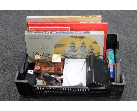 A box of vintage games, wooden boxed ship model - Flying Cloud, Nintendo DS with game, postal scales, costume jewellery etc 