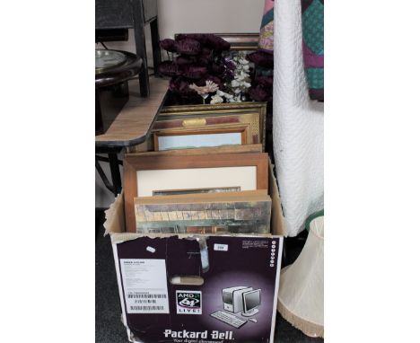 A box of artificial flowers, assorted framed pictures, Oriental panels, signed print - Shotley Bridge together with a framed 