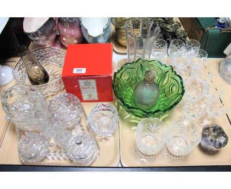 Two trays of assorted glass ware, trinket set, Brierley crystal vase, perfume bottle and glass 