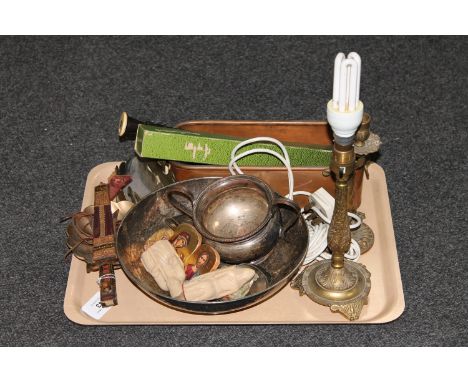 A tray of boxed Dolmetsch recorder and an Alios recorder, Persian knife in sheath, brass ware, small copper planter, silver p