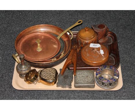 A tray of antique French copper pans, treen trinket boxes, together with a Chinese silver and enamel ashtray etc 