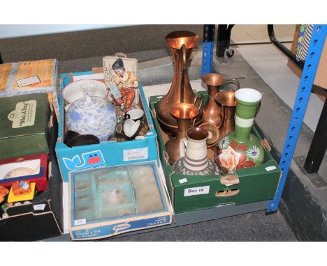 Two boxes of part Denby tea set, Capodimonte style figure, brass ewers, hand painted glass vase, boxed mid twentieth century 