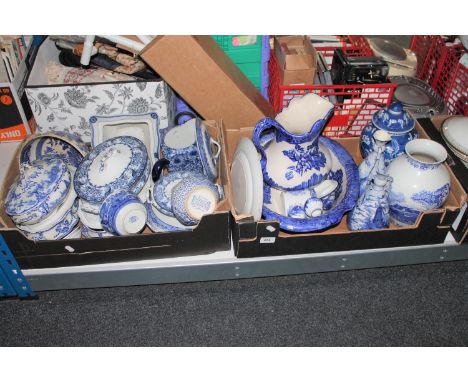 Two boxes of Copeland Spode Italian, Adams etc blue and white china including jug and wash basin, tureens etc 