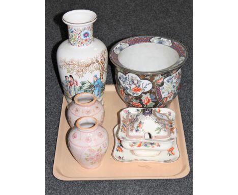 A tray of Oriental style planter, Japanese vase, pair of continental vases and a Indian Tree lidded tureen on stand 