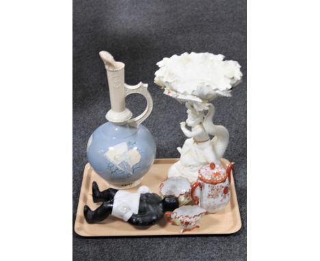 A tray of nineteenth century glazed pottery ewer, continental gilded comport depicting a cherub riding a fish, mid twentieth 