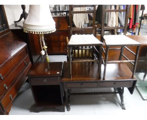 A pair of Edwardian oak bedroom chairs together with a standard lamp and shade 