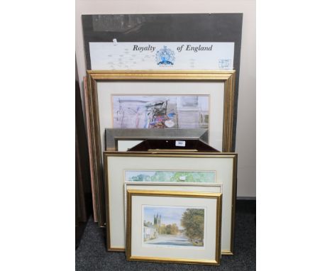 A collection of pictures and prints, mahogany framed mirror, timeline of English monarchs etc