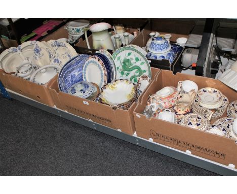 Three boxes of Royal Doulton Burgundy pattern dinner china, Myott plates, Copeland Spode blue and white plates, Oriental char