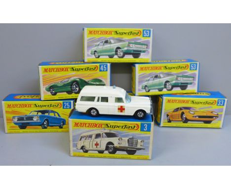 Seven Matchbox Superfast model vehicles, 62, 45, 3, 25, 33 and 53 x2, boxed 