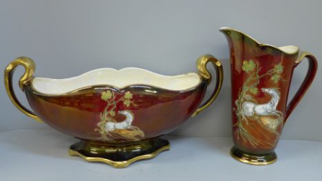Two items of Pegasus Crown Devon china; posy bowl and pitcher 