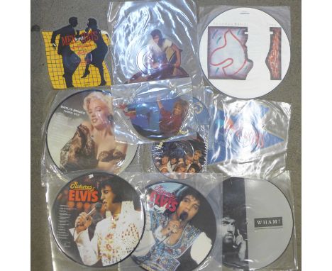 A collection of picture disc records including Elvis Presley, Wham, Tina Turner, Spandau Ballet, etc. 