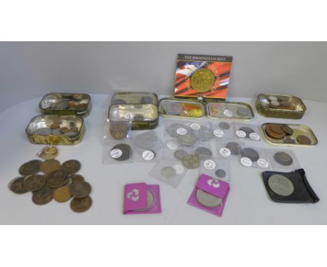 A box of British coins including silver and half silver (116g), a Birmingham Mint Golden Jubilee medal and an Astor County br