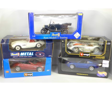 Five 1/18 scale die-cast model vehicles, Revell, Hot Wheels and Burago 