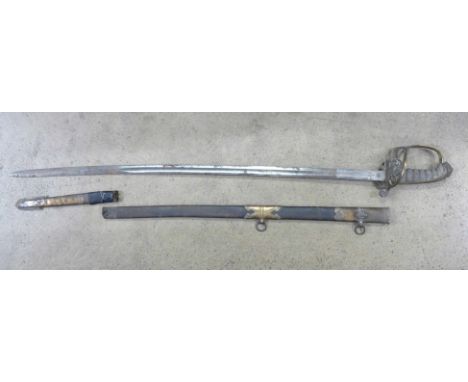 A Victorian 1842 pattern sword, Gothic hilt, Army and Navy, with scabbard, scabbard a/f 