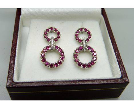 A pair of 18ct gold, ruby and diamond drop earrings, 2cm drop, 5.1g 