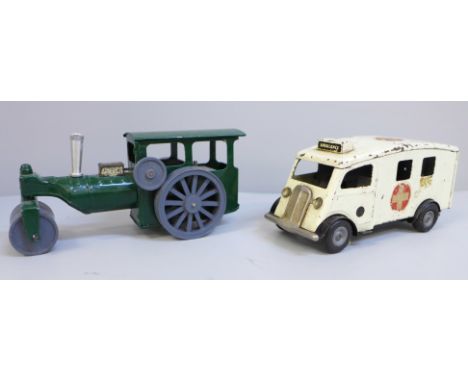 A Tri-ang tin plate Minimatic clockwork Ambulance and a Tri-ang Minic clockwork Oscillating Steam Roller 