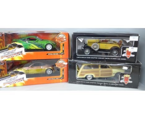 Two RC2 Fast and The Furious die-cast model vehicles and two Motor City Classics 