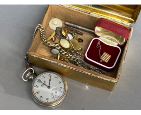 Cigarette tin containing pocket watch &amp; chain, tie pin, cufflinks (1 being silver)