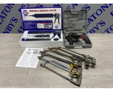 Faithfull pointing and grouting gun kit and hammer drill also includes 5 vintage hacksaws