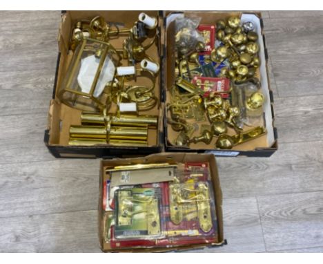 3 boxes of miscellaneous brass door knobs &amp; light fittings