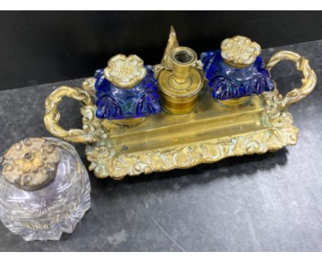 Antique brass &amp; glass inkwell set plus one other Victorian glass inkwell pot