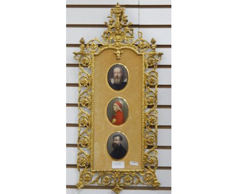 Set of three framed antique ceramic portrait miniatures viz:- woman in red and white headdress, red gown and two 17th century