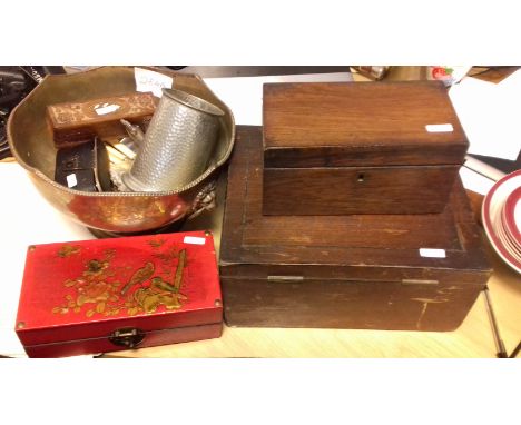 EPNS punch bowl, pair opera glasses, modern lacquer box with miniature chess set, Victorian mahogany casket with fitted inter