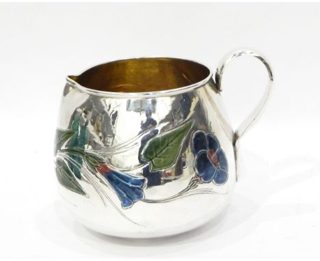 Early 20th century bulbous-formed jug with enamel floral decoration, marked 800 to base, 16cm high (to top of handle), 14.5oz