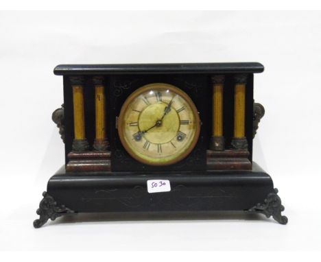 19th century ebonised and painted mantel clock in architectural-style case, 28.5cm high approx 