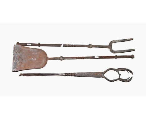 Set of 17th century fireirons, log tongs and fork 