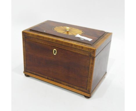 George III inlaid mahogany tea caddy, rectangular, the top cross-banded with raised panel, inlaid with oval fan patera and ha