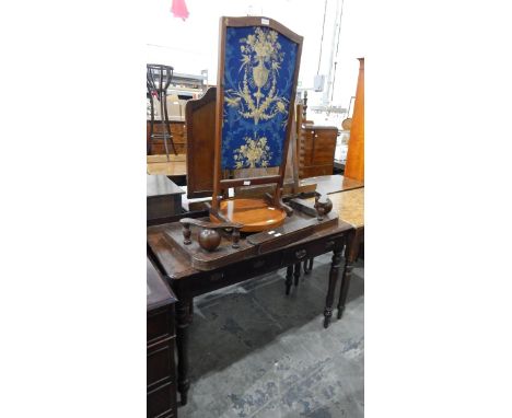 19th century side table fitted with two short drawers, on turned legs, a modern lazy susan, an extending wooden fender and a 