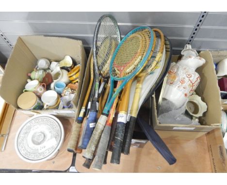 Quantity of wooden tennis racquets and various badminton/squash racquets, a large ewer and basin, various other ewers and sto