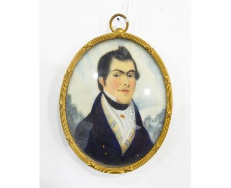 Early 19th century portrait miniature on ivory of a gentleman with dark hair wearing a blue coat, 7.5cm x 6cm 