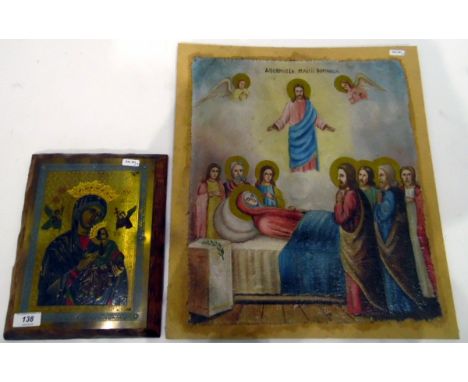 Enamel on brass icon of the Virgin Mary and child, mounted on wooden base, 29cm x 23cm and an oil on canvas of the Assumption