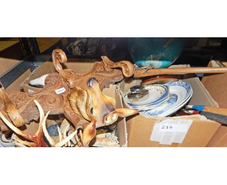 Quantity of assorted ceramics and glass including a glass chandelier, two yellow chamber pots, a clock, badminton racquet, re