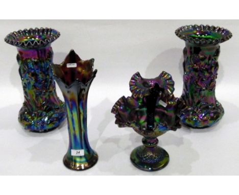 Pair of iridescent carnival glass vases with crimped rims, the bodies decorated with irises, by Fenton, 30cm high, an iridesc