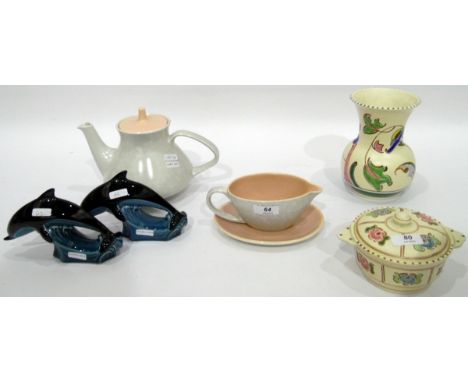 Quantity of various Poole ware to include dolphins, grey, mottled brown and pink part tea service and cream ground floral dec