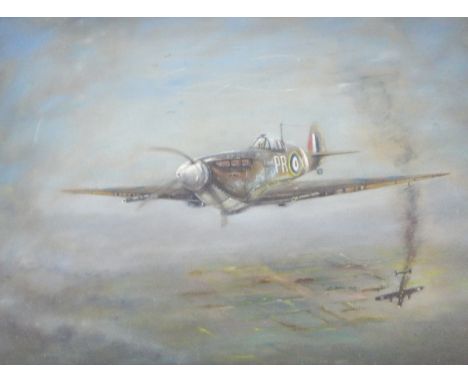 Three oils on canvas of fighter planes and a rough sketch of a racing car (4) 