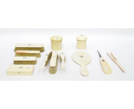 Late 19th/early 20th century ivory backed dressing table matched set to include clothes brushes, hat brushes, trinket box, sh