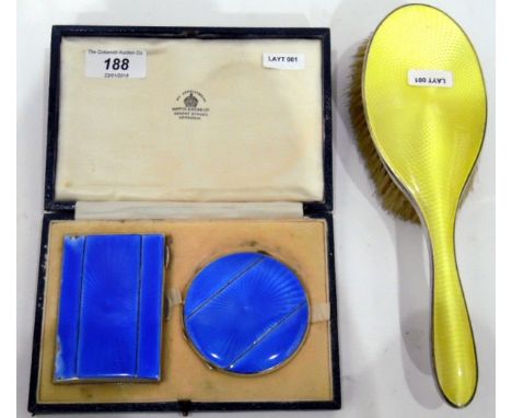 1930's Mappin & Webb silver and enamel compact and matching cigarette case, both with blue enamel and engine-turned decoratio