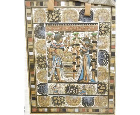 Large framed Egyptian painted papyrus, another framed print, three others and a tapestry wall-hanging showing the Spanish Rid