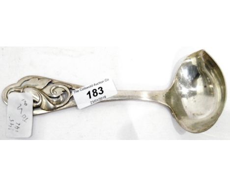 Danish silver ladle by Frigast, with pierced flower, bird and foliate decorated handle 