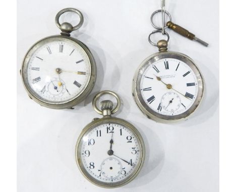 Continental silver-coloured metal pocket watch with key winding, the face inscribed Leicester & Co, Twickenham, two other poc