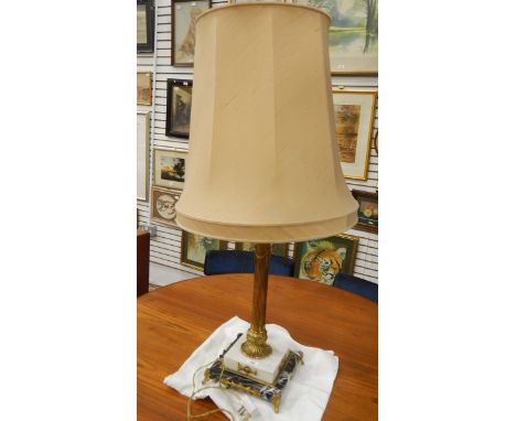 Brass and marble table lamp with reeded column, gilt metal mounted step marble square base, on scroll supports, 60cm high 